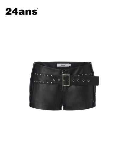 24ans Edgy Studded Pu Lace Up Natural Waist Zip Front Women Grunge Hot Pants-1