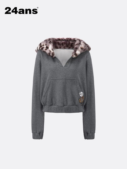 24ans Embroidered Badge Hooded Sweatshirt With Leopard Print Hoodies/Sweatshirt