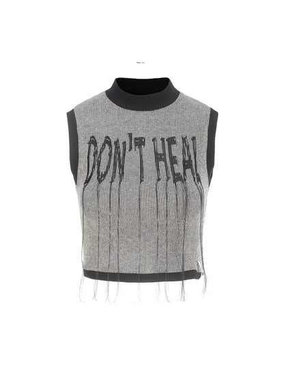 24ans Embroidered Fringe Knit Vest Sleeveless Colorblock MISSTT