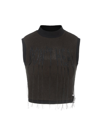 24ans Embroidered Fringe Knit Vest Sleeveless Colorblock MISSTT