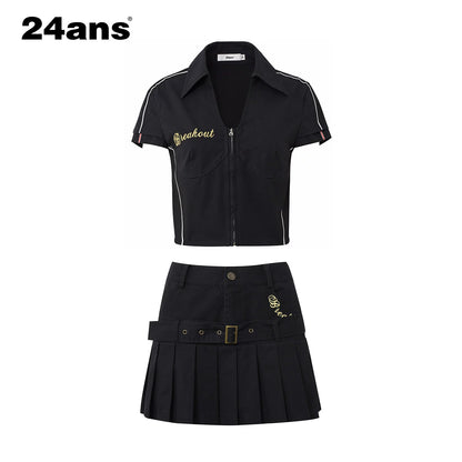 24ans Embroidered Letter Racing Shirt And Skirt Set MISSTT