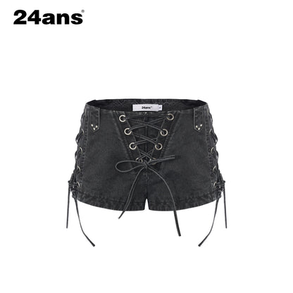 24ans_Enzyme_Wash_Drawstring_Slim_Natural_Waist_Women_Cotton_Stretch_Denim_Shorts_MISSTT