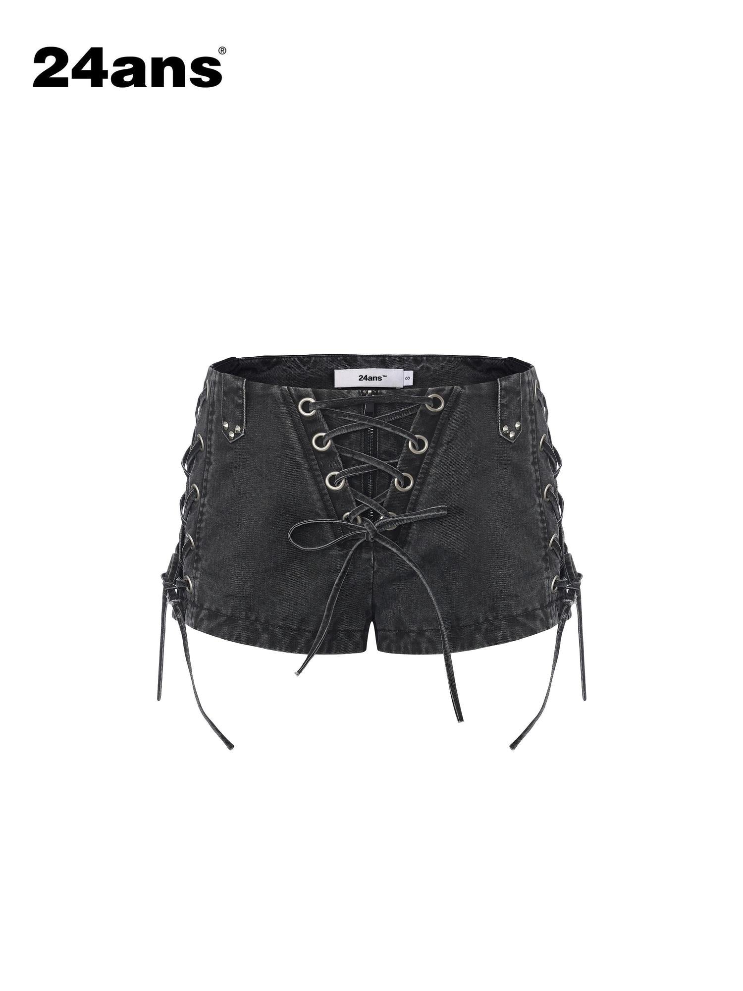 24ans Enzyme Wash Drawstring Slim Natural Waist Women Cotton Stretch Denim Shorts