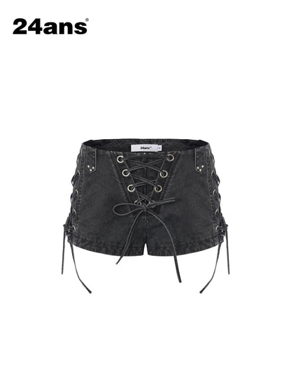 24ans Enzyme Wash Drawstring Slim Natural Waist Women Cotton Stretch Denim Shorts