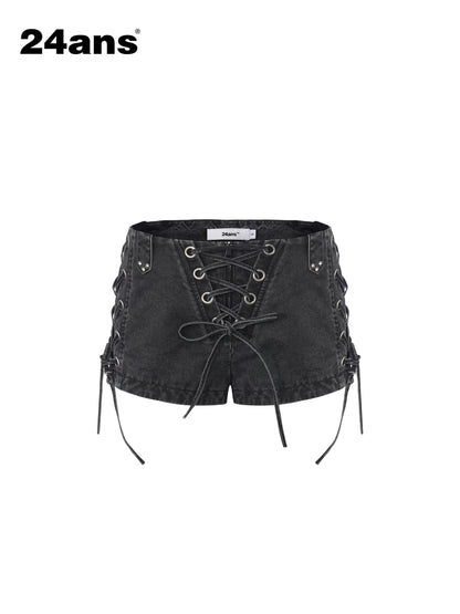24ans Enzyme Wash Drawstring Slim Natural Waist Women Cotton Stretch Denim Shorts-1