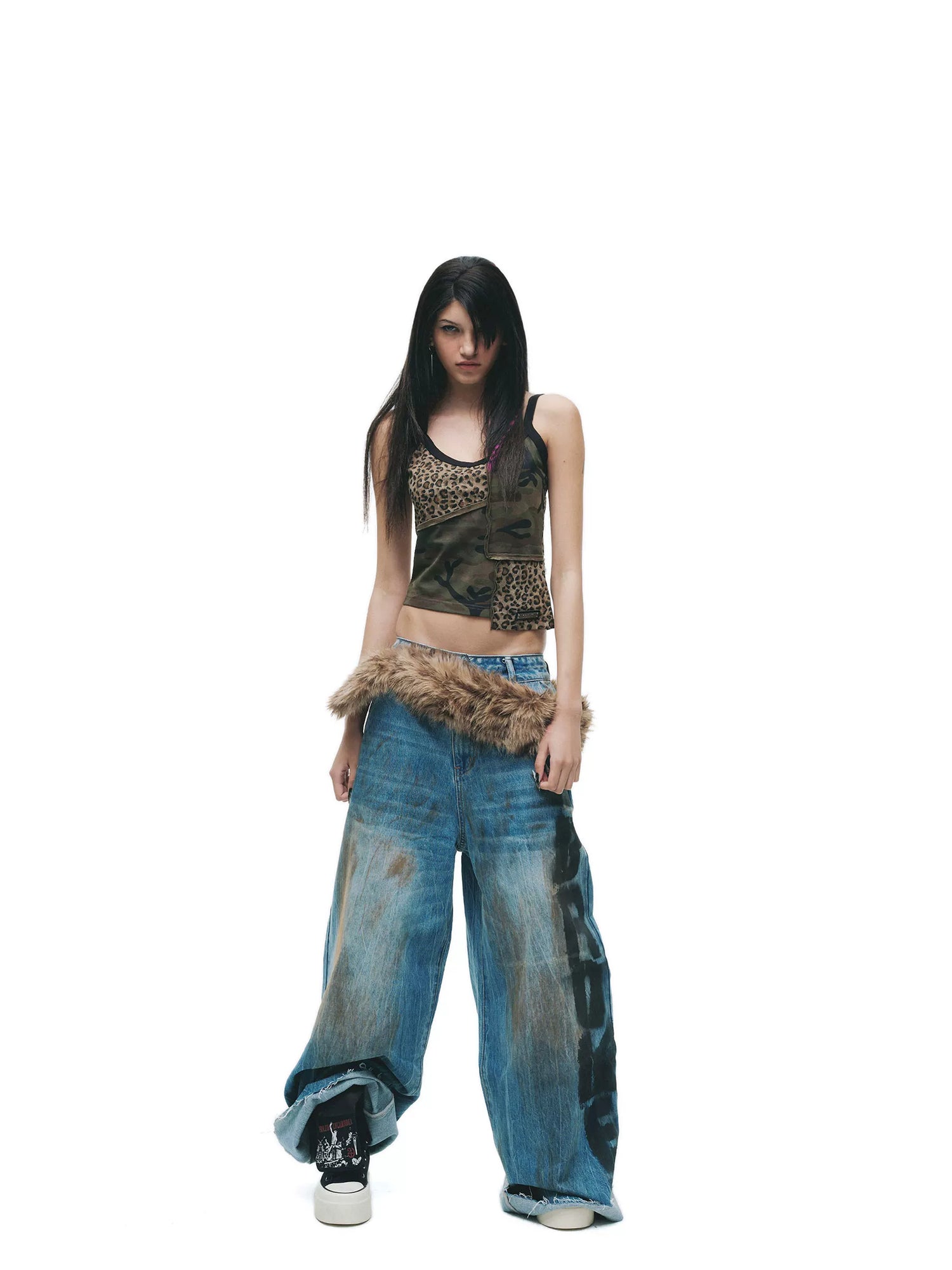 24ans Enzyme Wash Natural Waist Letter Print Blue Slight Stretch Wide-Leg Jeans-2