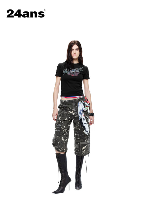 Enzyme Washed Hand Distressed Custom Camo Women's Cotton Barrel-leg Jeans
