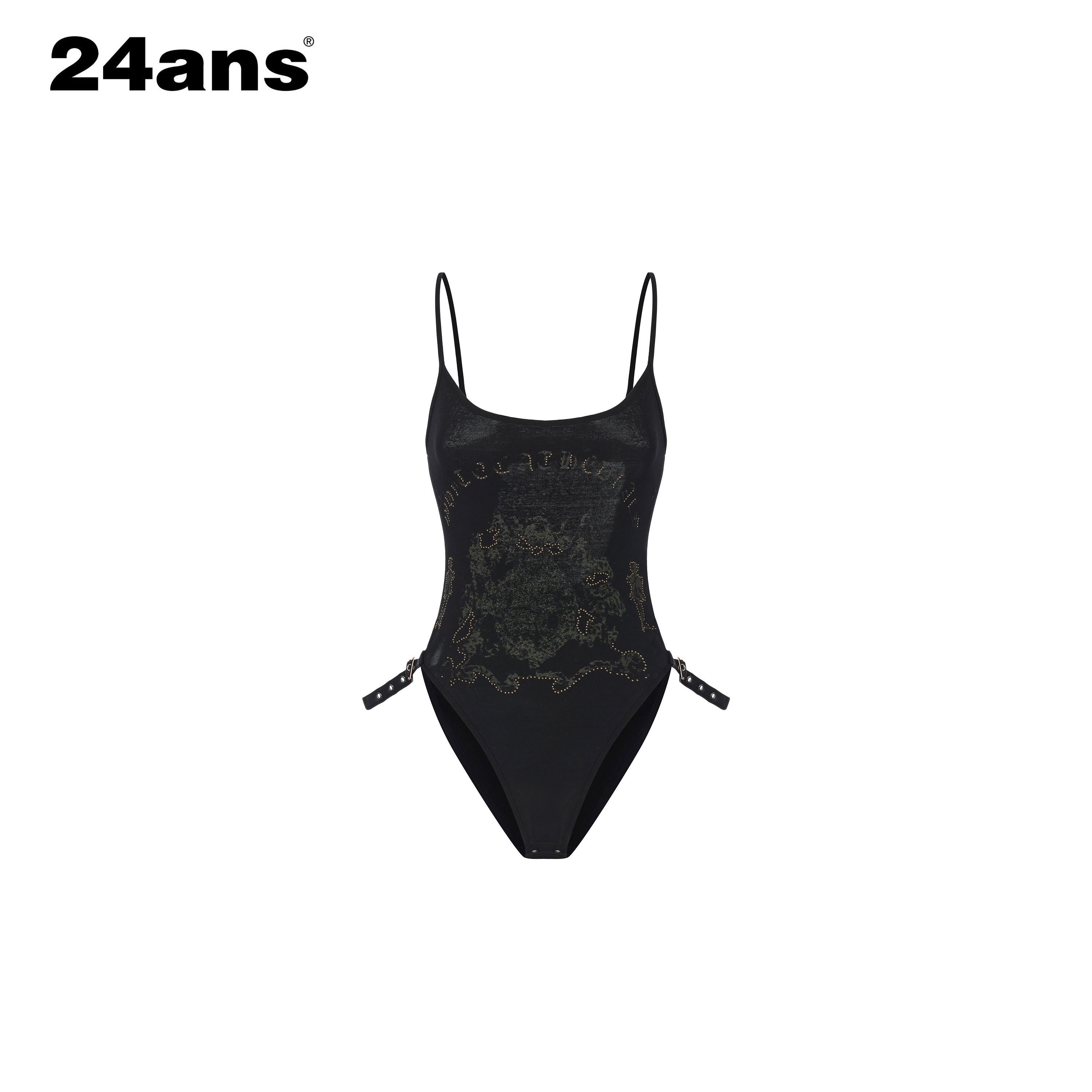 24ans_Exposed_Waist_Gothic_Print_Leather_Tie_Buckle_Beaded_Women&