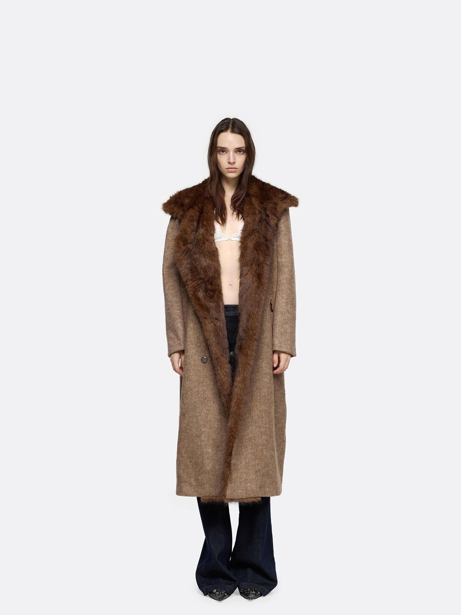 24ans Faux Fur Collar Plaid Wool Blend Overcoat Jacket