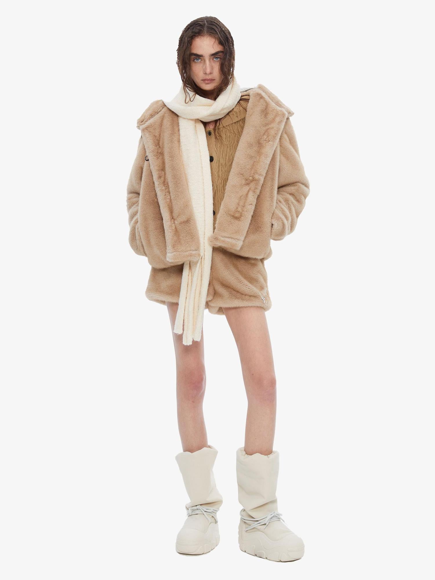 24ans Faux Fur Detachable Hat Hooded Jacket Shorts Set