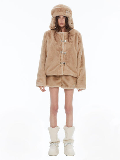 24ans Faux Fur Detachable Hat Hooded Jacket Shorts Set