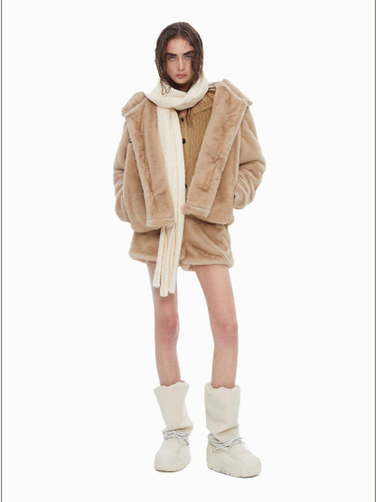 24ans Faux Fur Detachable Hat Hooded Jacket Shorts Set