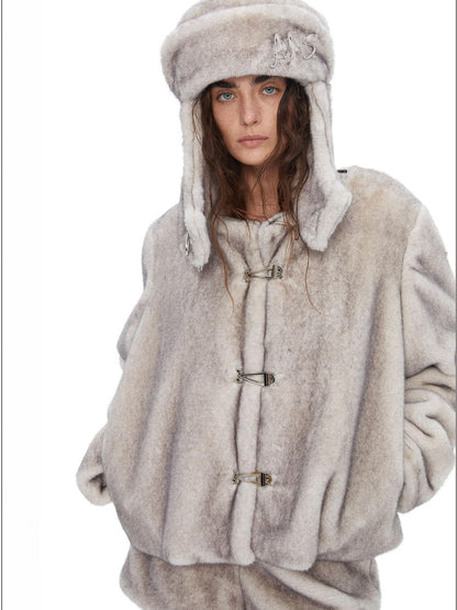 24ans Faux Fur Detachable Hat Hooded Jacket Shorts Set
