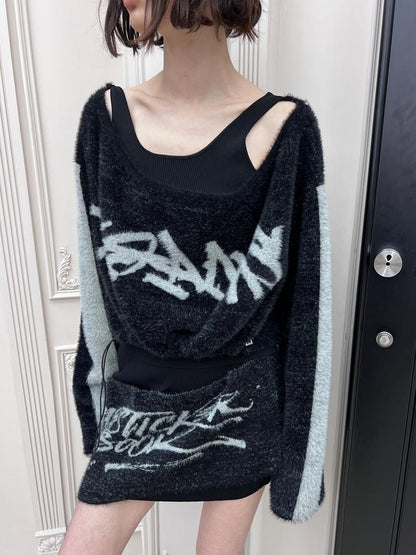 24ans Faux Two Piece Knit Set With Fleece Lining  V-Neck T-Shirt Long Sleeve