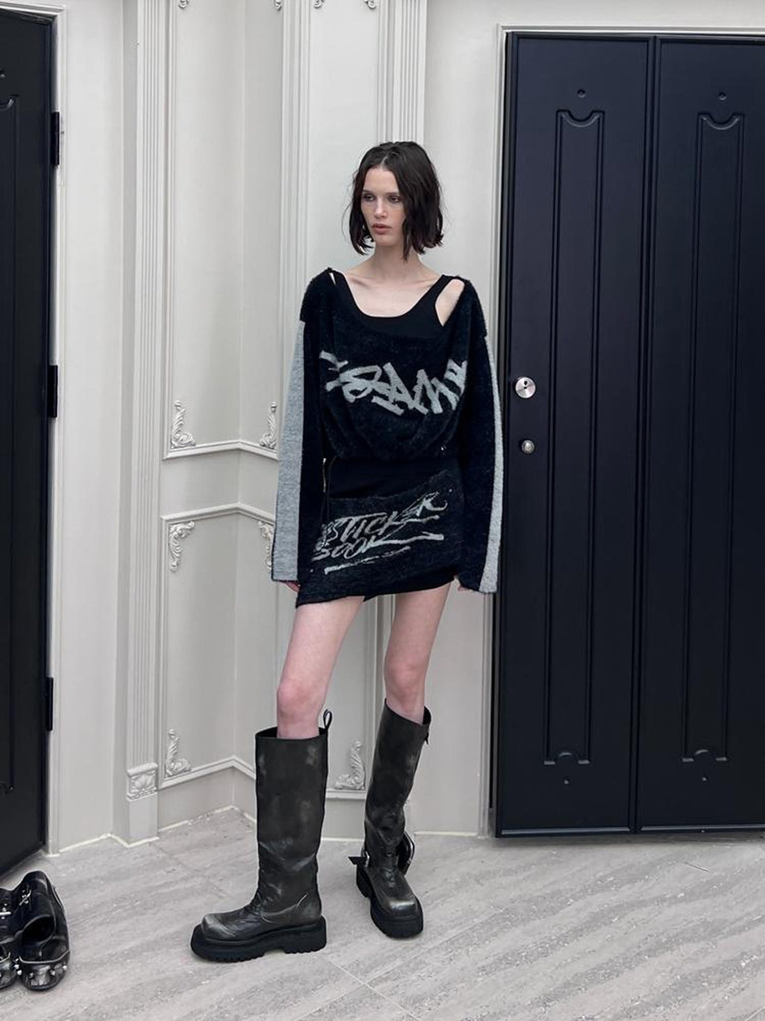 24ans Faux Two Piece Knit Set With Fleece Lining  V-Neck T-Shirt Long Sleeve