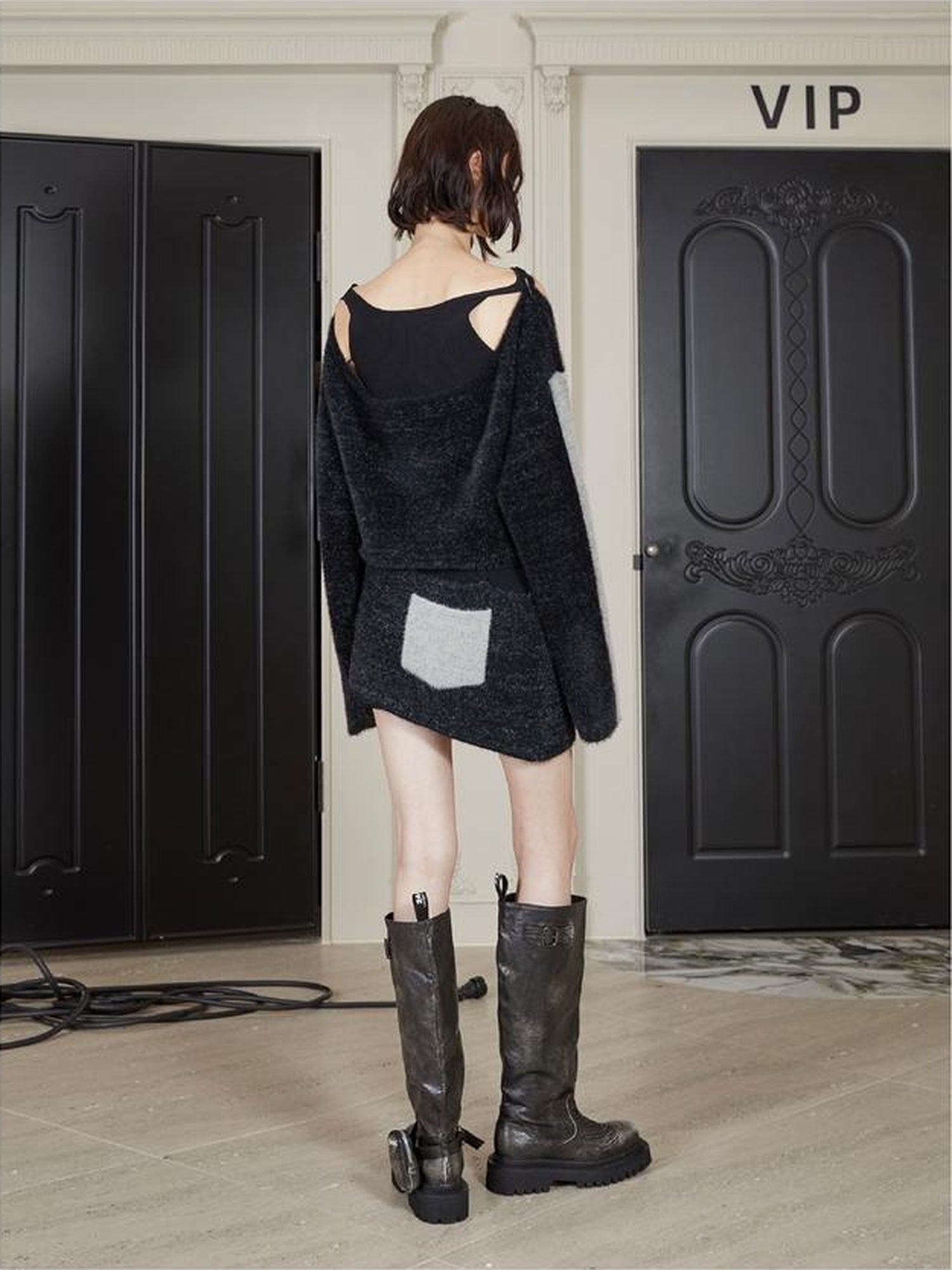 24ans Faux Two Piece Knit Set With Fleece Lining  V-Neck T-Shirt Long Sleeve