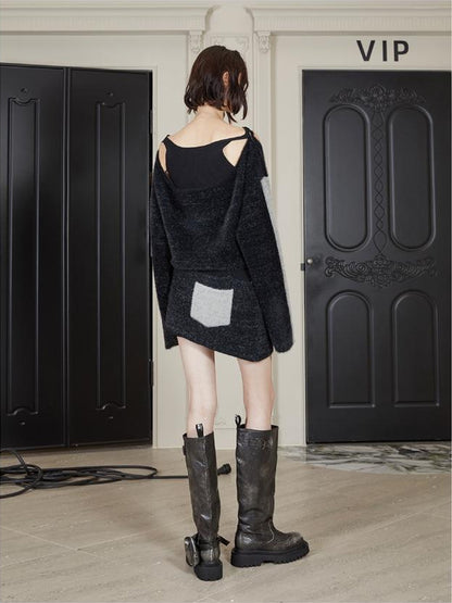 24ans Faux Two Piece Knit Set With Fleece Lining  V-Neck T-Shirt Long Sleeve