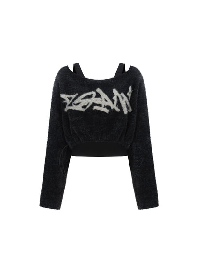 24ans Faux Two Piece Knit Set With Fleece Lining  V-Neck T-Shirt Long Sleeve MISSTT