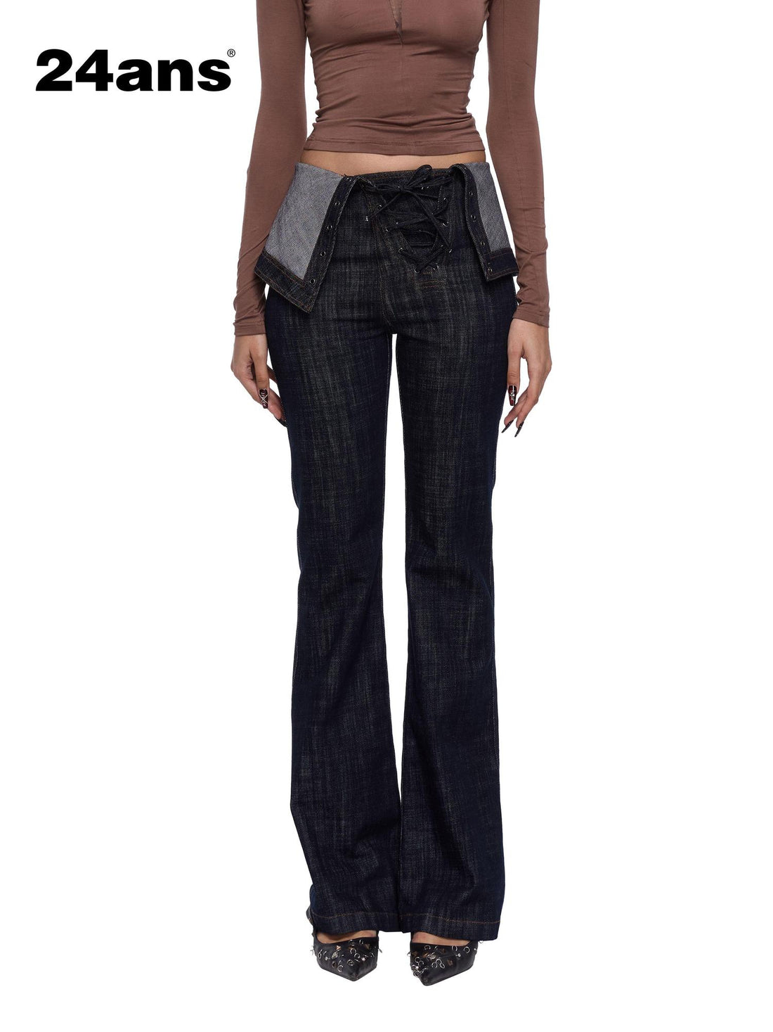 24ans Flared Denim Jeans With Adjustable Waist And Tied Cuff Detail