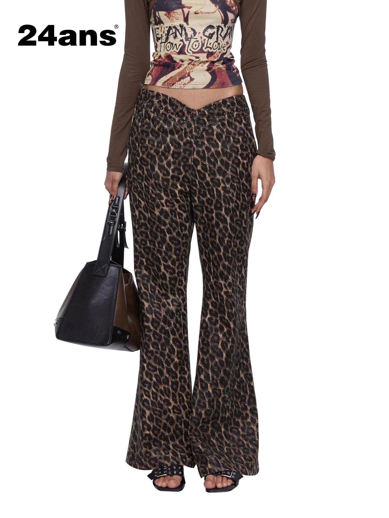 Flared Denim Pants With Studded Leopard Print