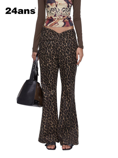 Flared Denim Pants With Studded Leopard Print