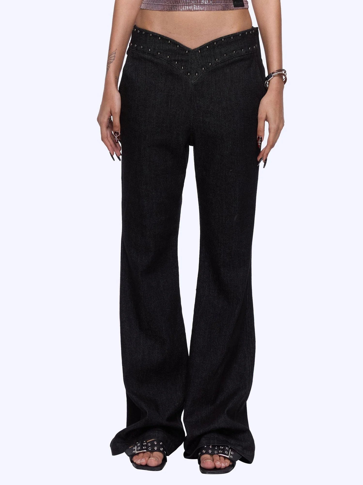 Flared Denim Pants With Studded Leopard Print