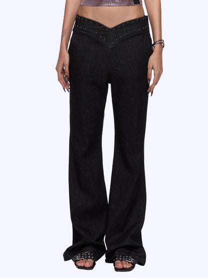 Flared Denim Pants With Studded Leopard Print