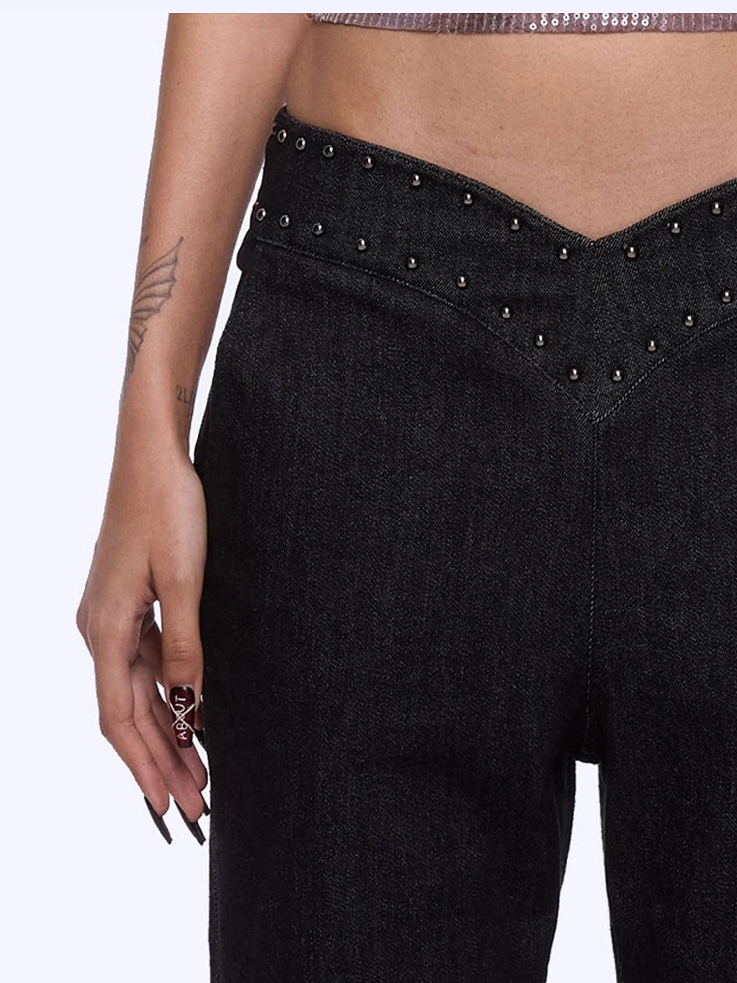 Flared Denim Pants With Studded Leopard Print