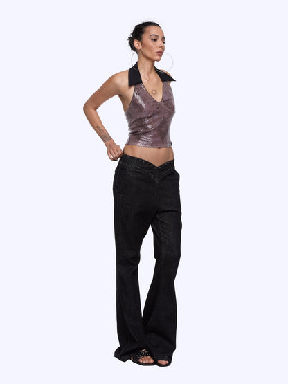 Flared Denim Pants With Studded Leopard Print