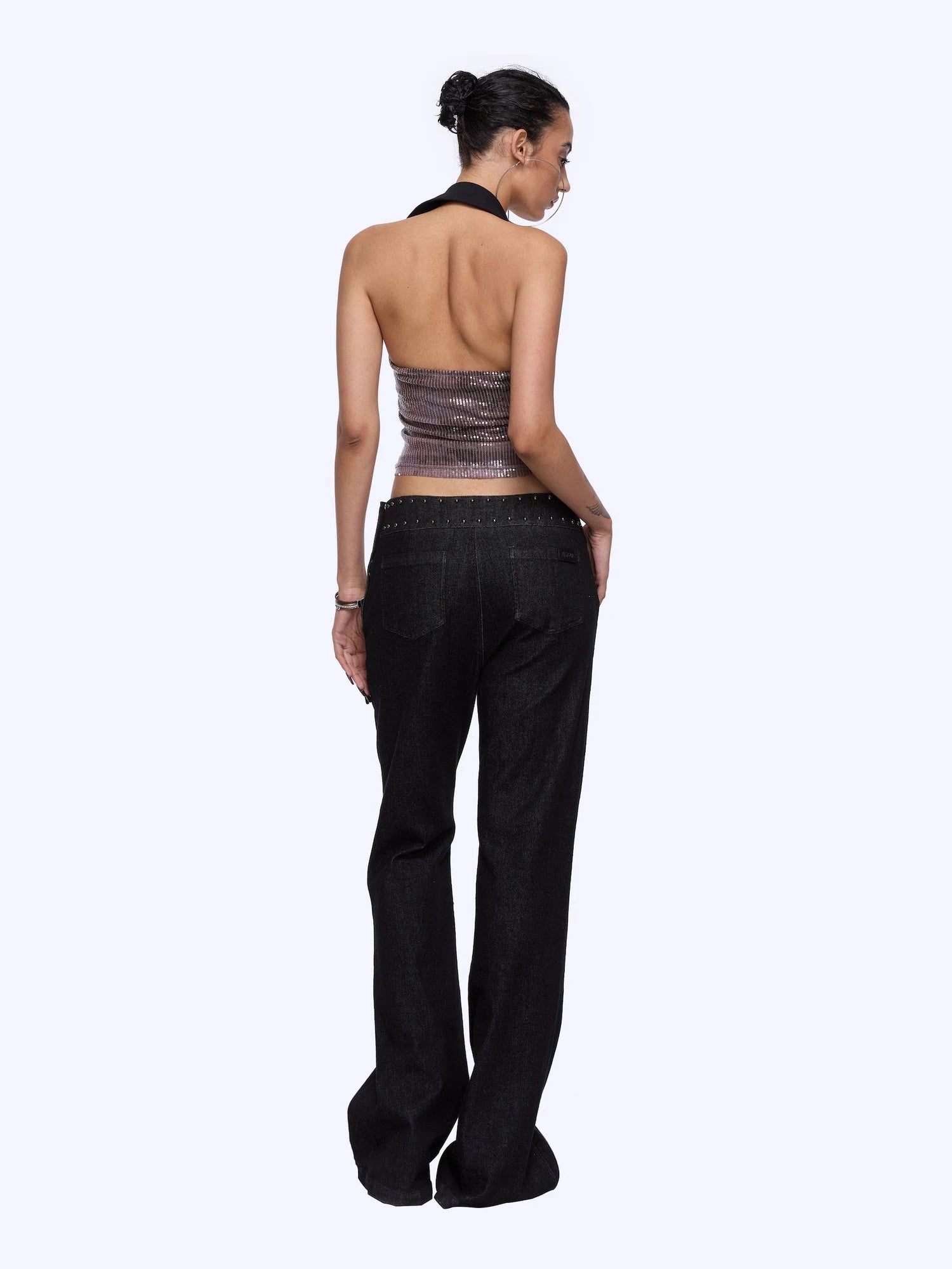 Flared Denim Pants With Studded Leopard Print