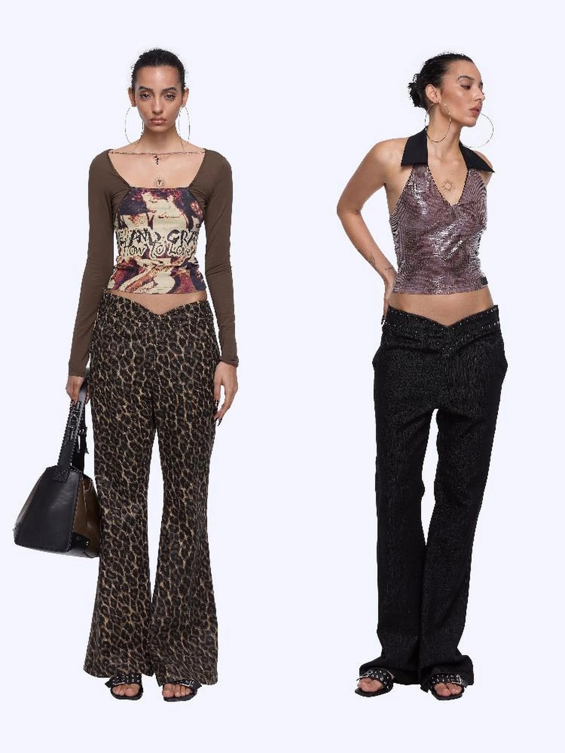 Flared Denim Pants With Studded Leopard Print