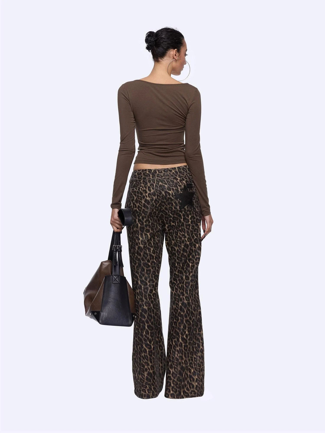 Flared Denim Pants With Studded Leopard Print