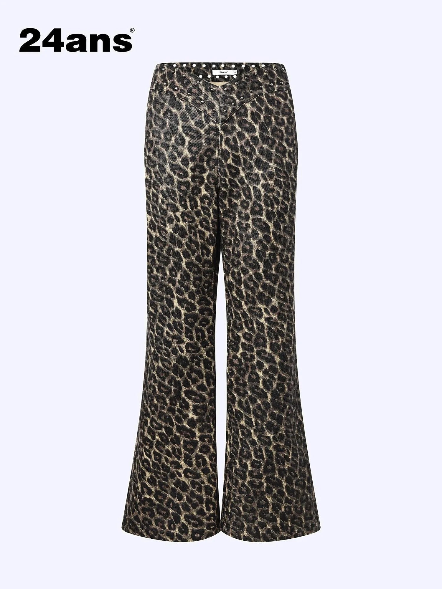 Flared Denim Pants With Studded Leopard Print
