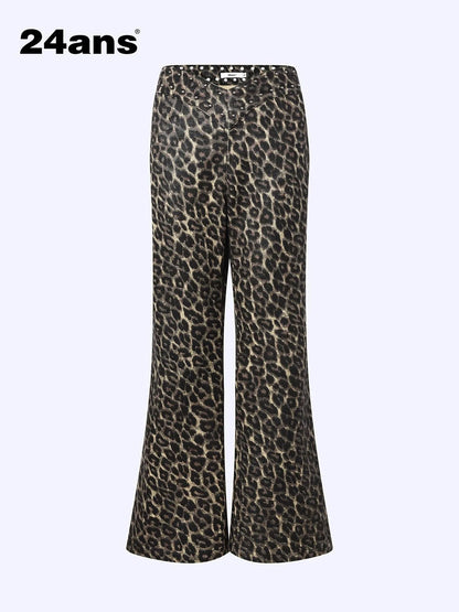 Flared Denim Pants With Studded Leopard Print