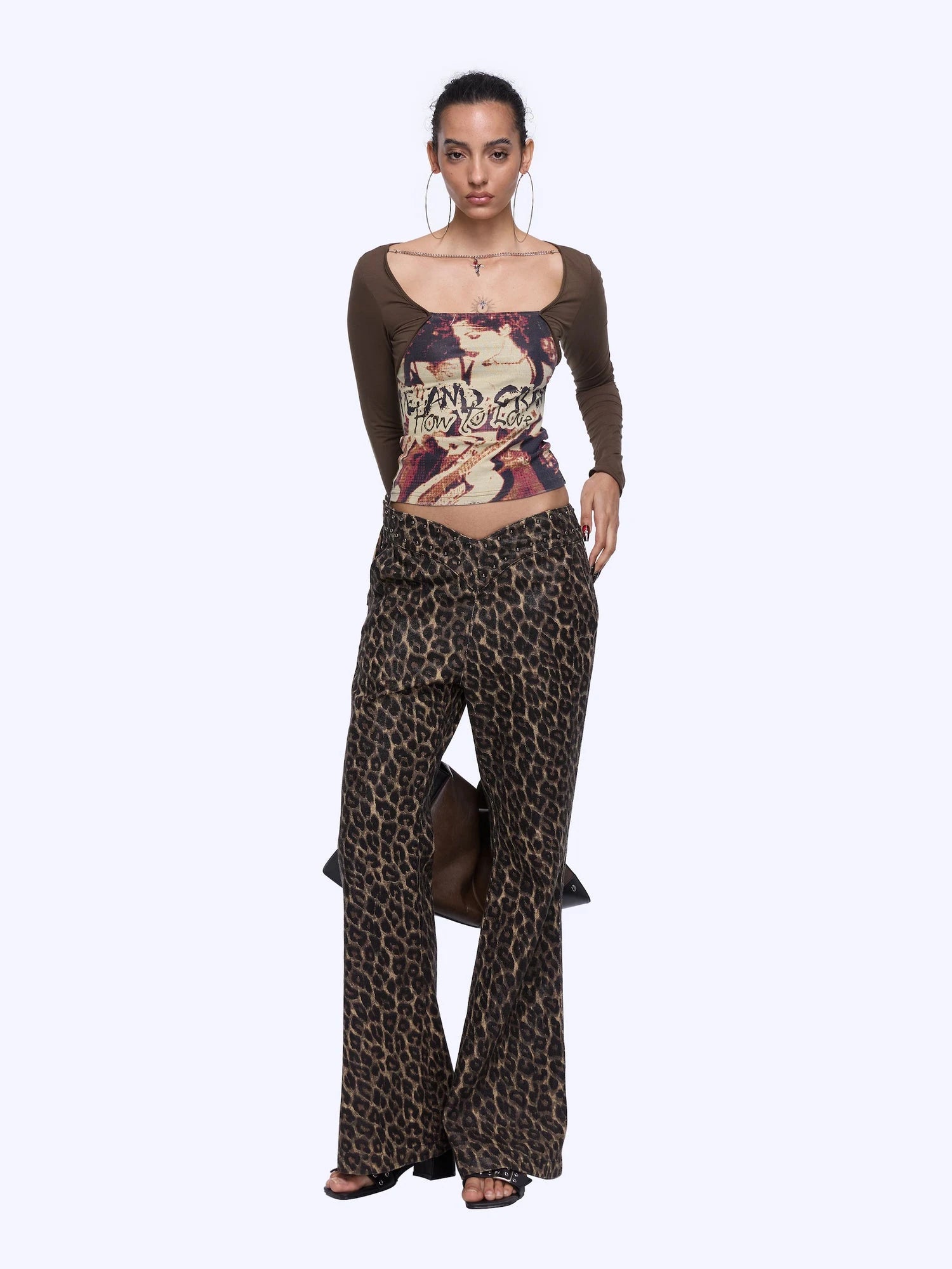Flared Denim Pants With Studded Leopard Print