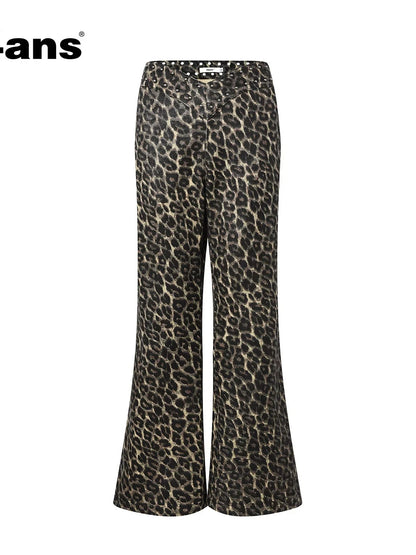 Flared Denim Pants With Studded Leopard Print