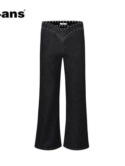 Flared Denim Pants With Studded Leopard Print