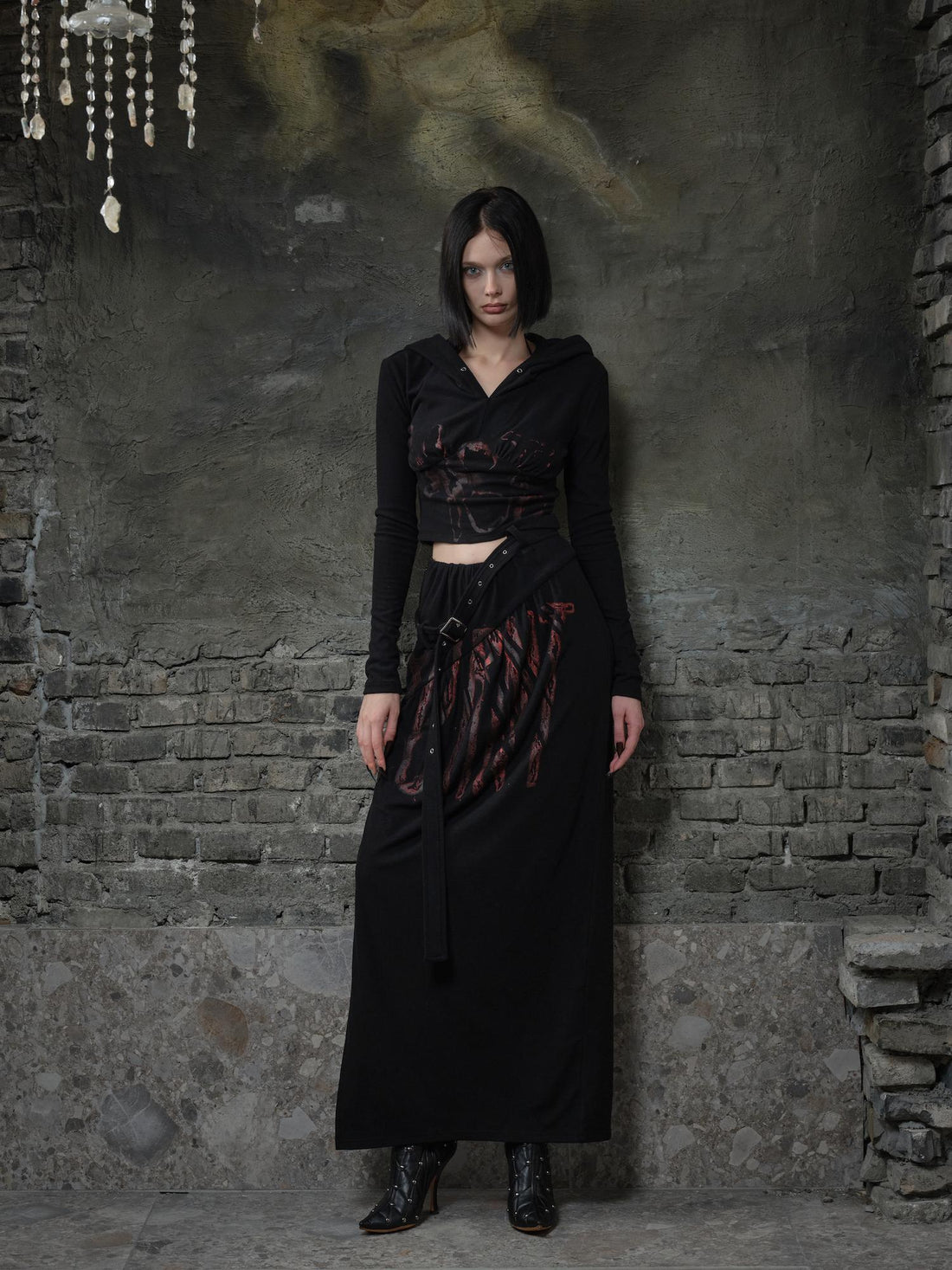 24ans Fleece Trimmed Floral Print Hoodie and Maxi Skirt Set