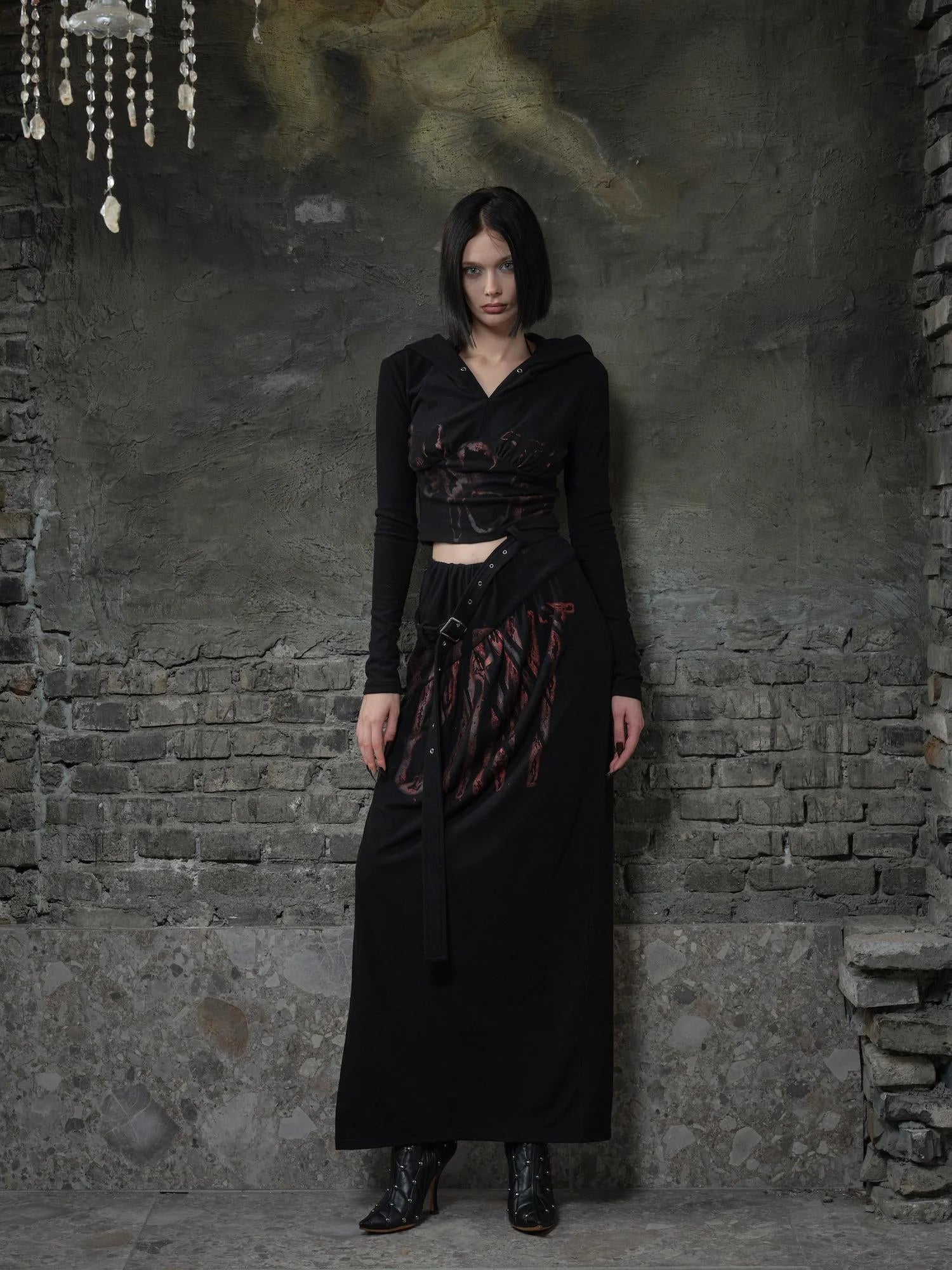 Fleece Trimmed Floral Print Hoodie and Maxi Skirt Set