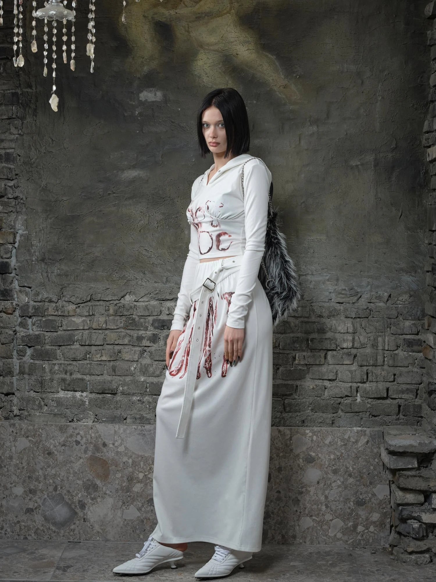 Fleece Trimmed Floral Print Hoodie and Maxi Skirt Set