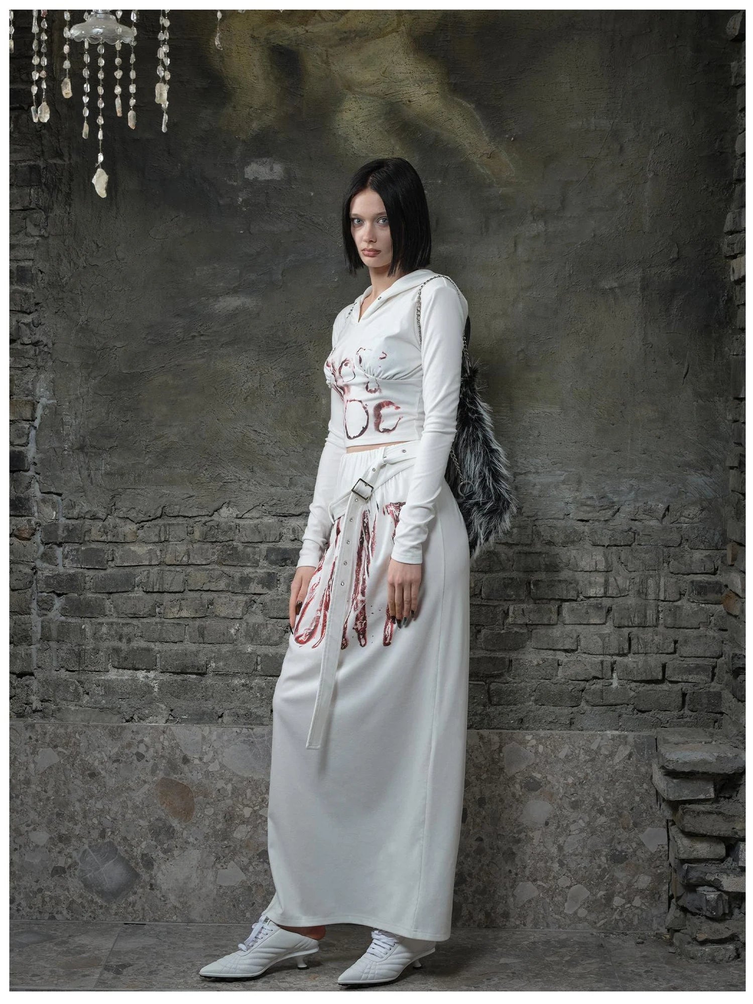 Fleece Trimmed Floral Print Hoodie and Maxi Skirt Set