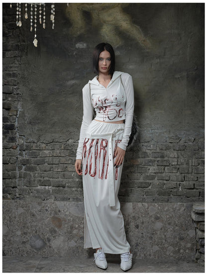 24ans Fleece Trimmed Floral Print Hoodie and Maxi Skirt Set