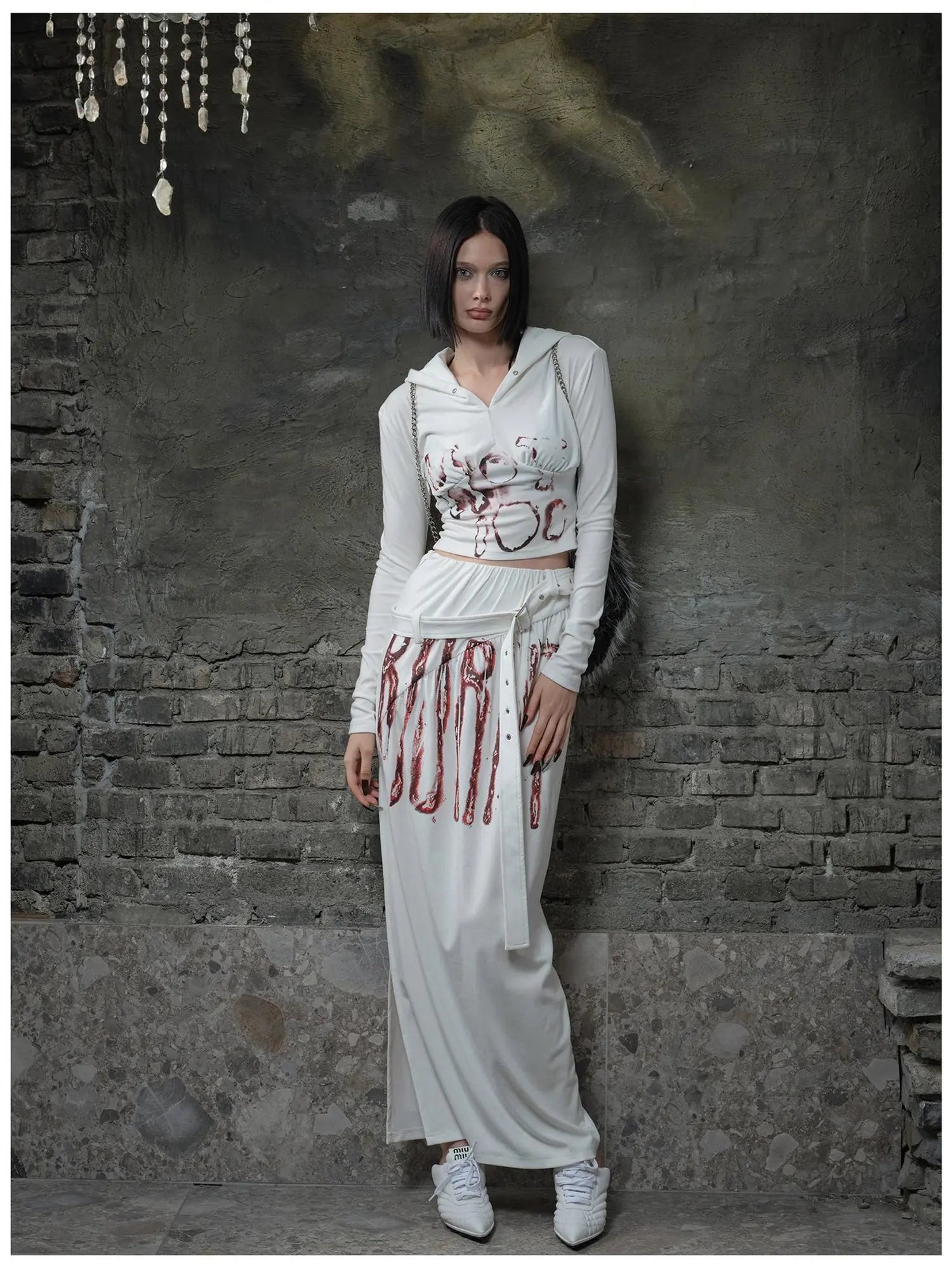 Fleece Trimmed Floral Print Hoodie and Maxi Skirt Set