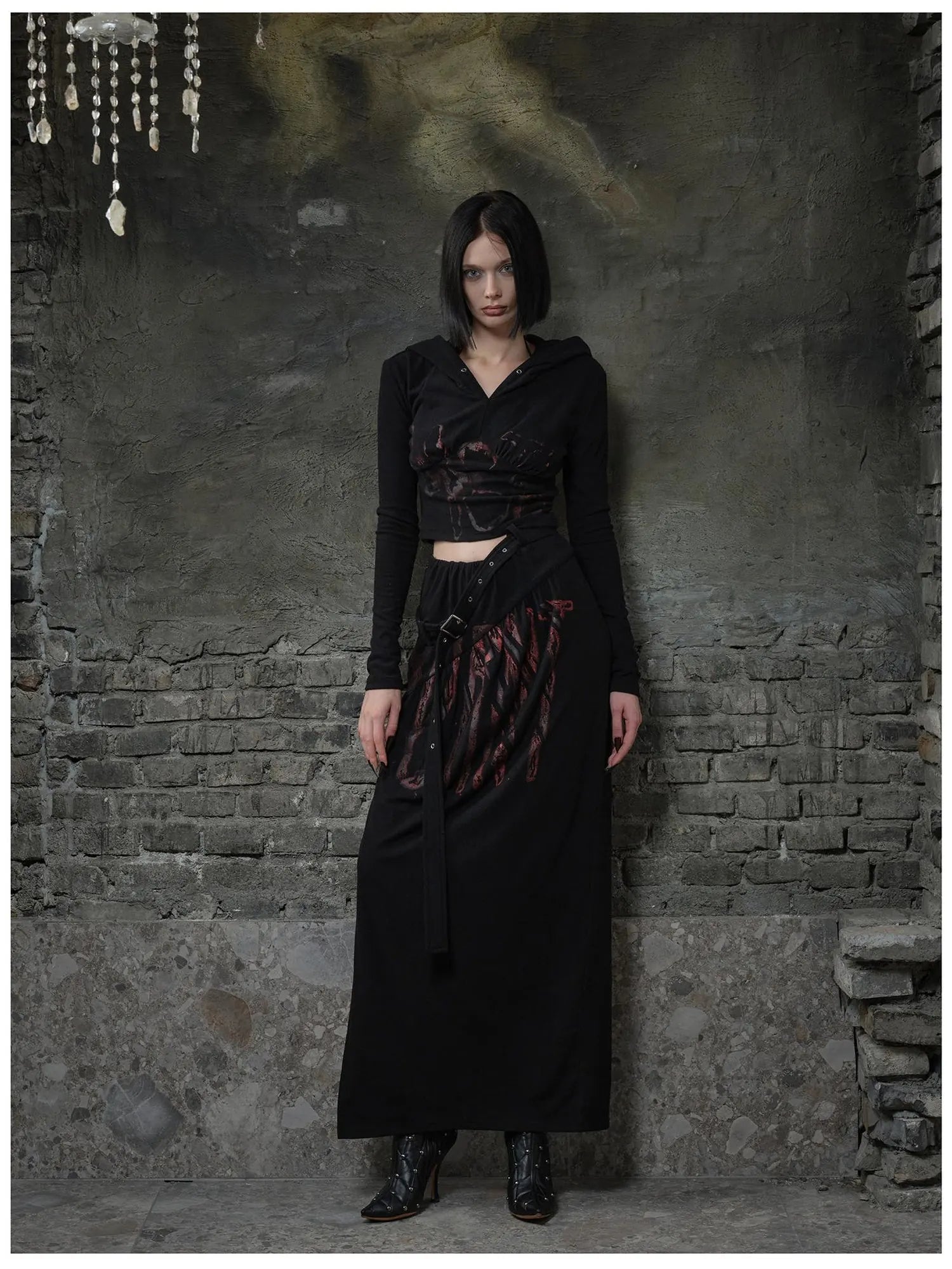 Fleece Trimmed Floral Print Hoodie and Maxi Skirt Set