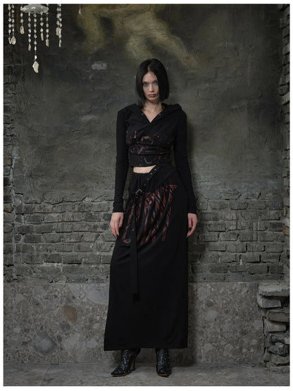 Fleece Trimmed Floral Print Hoodie and Maxi Skirt Set