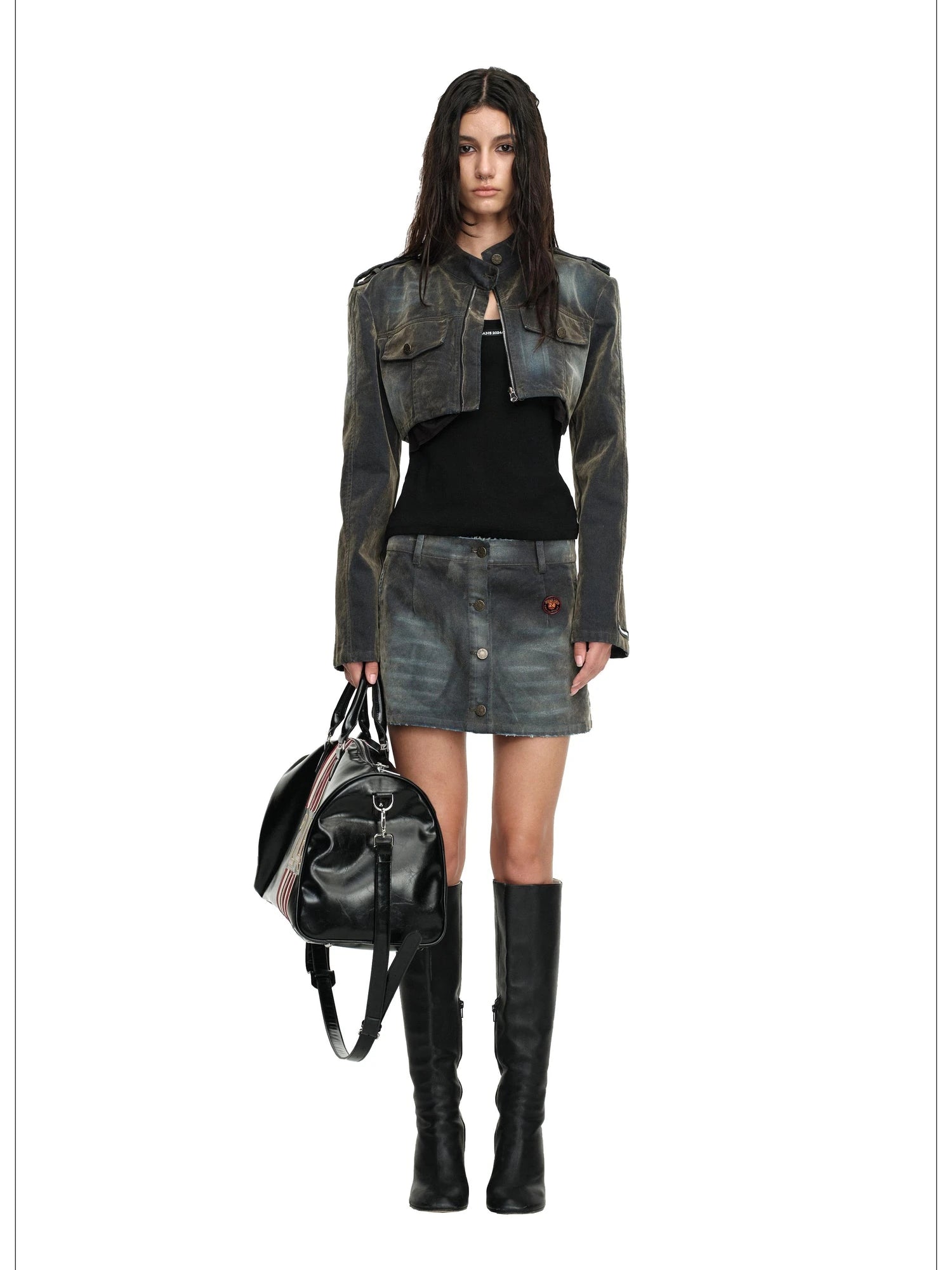 Flocked Washed High Waist Short Jacket Skirt Set