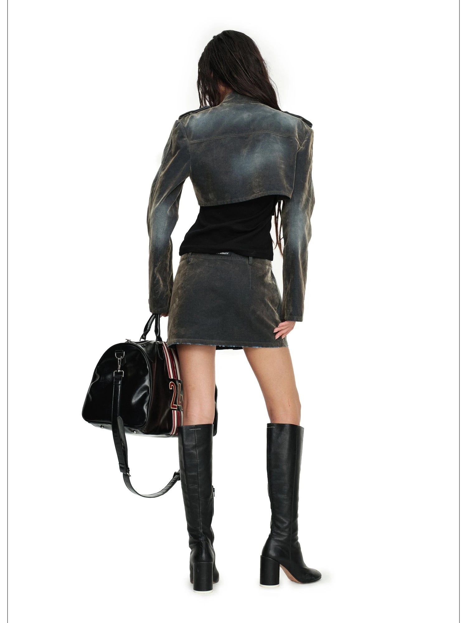 Flocked Washed High Waist Short Jacket Skirt Set