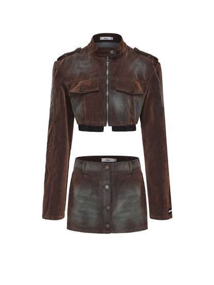 Flocked Washed High Waist Short Jacket Skirt Set
