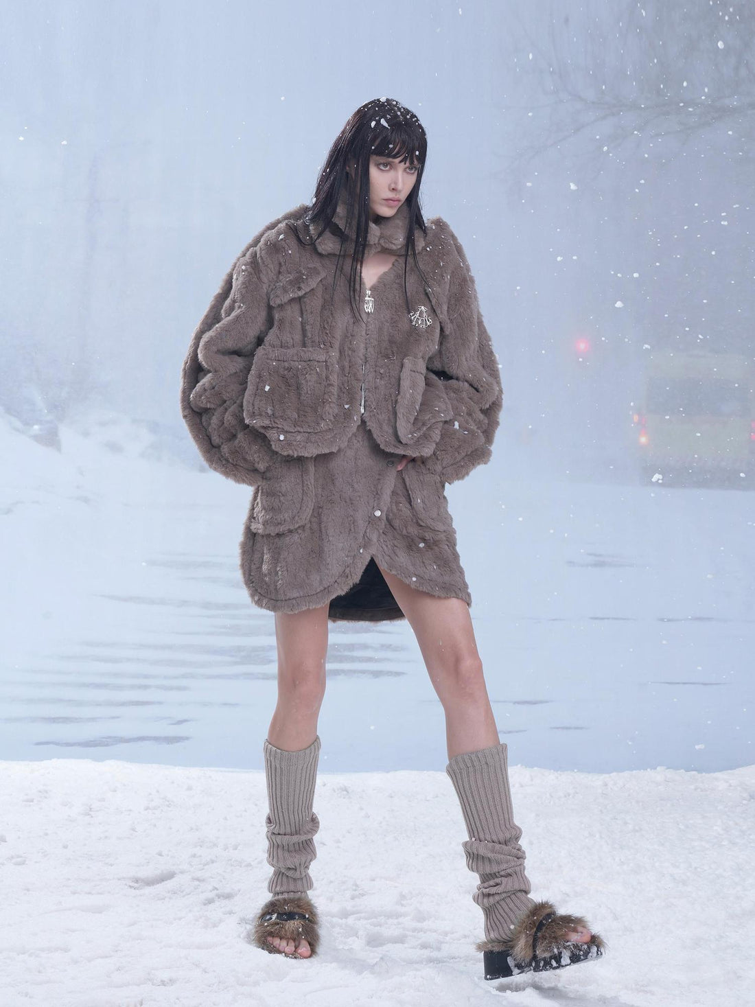 24ans Fluffy Brown Knit Winter Dress Set With Scarf