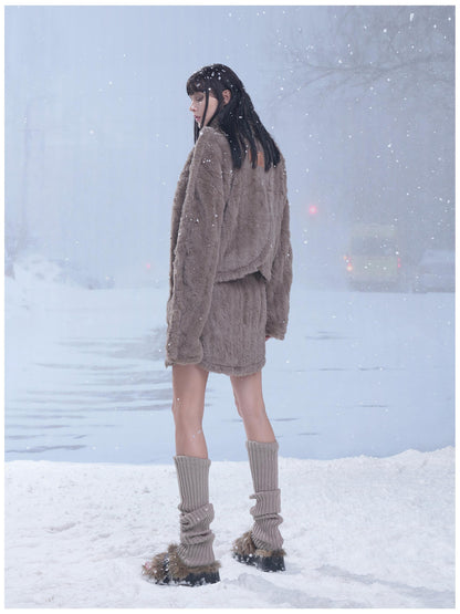 24ans Fluffy Brown Knit Winter Dress Set With Scarf